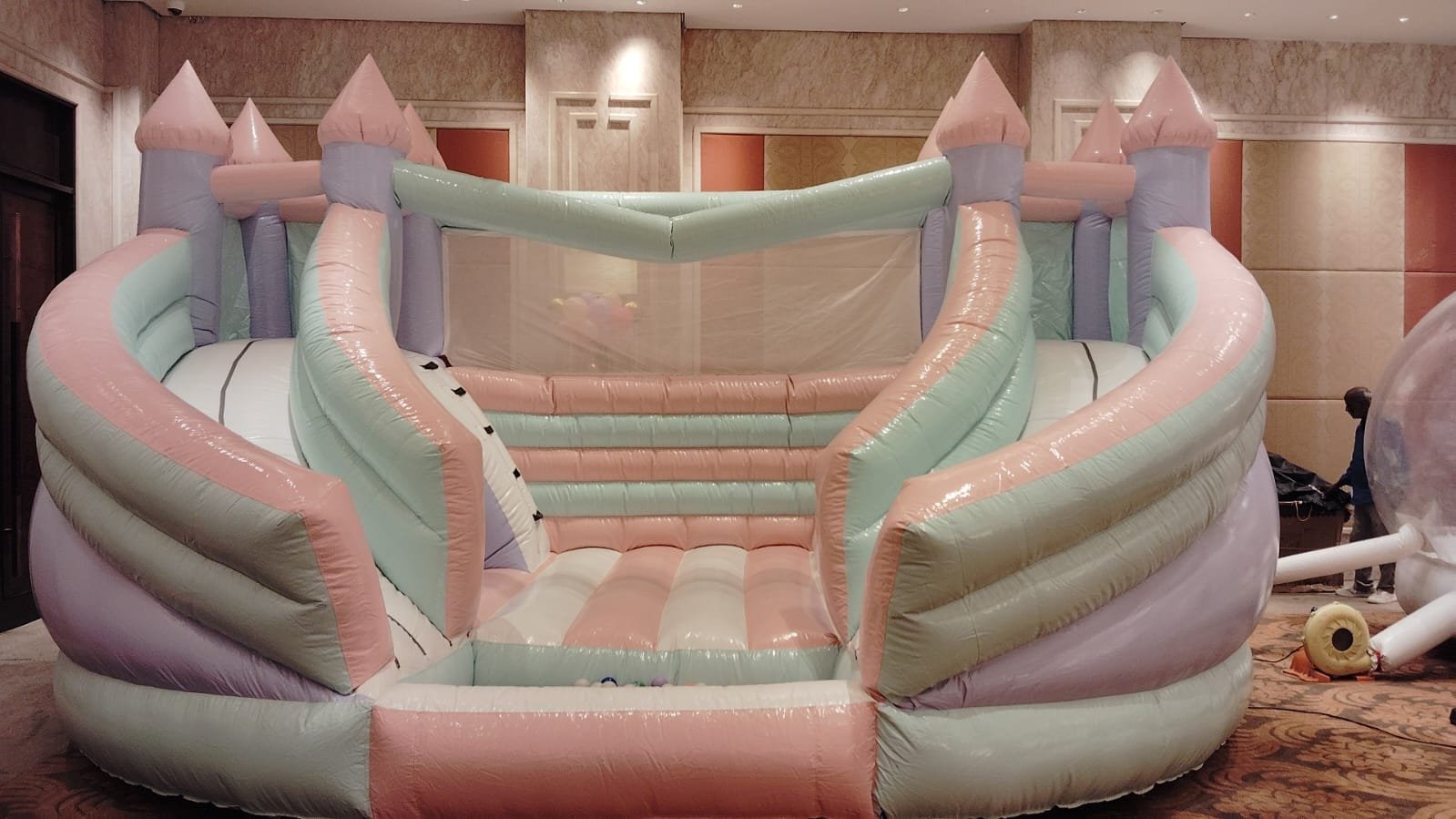 Pastel bouncy castle for rent in chennai with two slides for rent in chennai